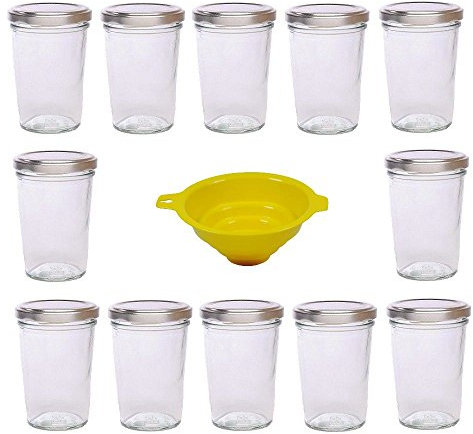 Viva-Haushaltswaren - Tarros de Cristal para Mermelada (12 Unidades, Capacidad de 150 ml, Incluye Tapa de Color Plateado y Embudo de Color Amarillo)
