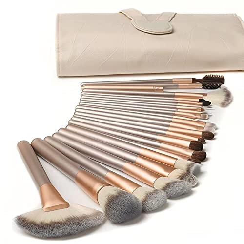 Ammiy® Lot de 18 pinceaux de maquillage professionnels avec manche en bois synthétique livrés avec leur sac de rangement couleur crème