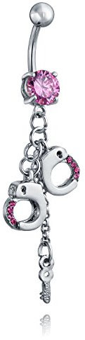 Bling Jewelry Secret Shades Cz Rosa Crystal Baumelnd Hand-Manschetten Mit Schlüssel Bar Und Ball Stil Bauchnabel Ring Für Frauen Chirurgenstahl 14G