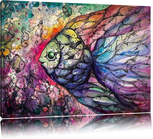 Pixxprint Bunte Fische Kunst, Größe: 120x80cm, Leinwandbild, fertig gespannt, Wandbild, Dekoration, Kunstdruck, kein Poster