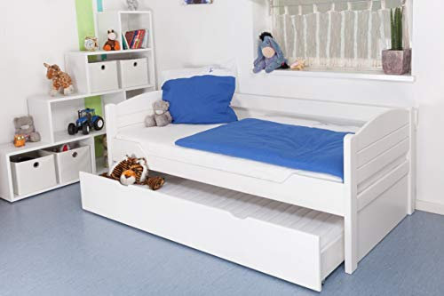 Kinderbett/Jugendbett Easy Premium Line K1/s Voll inkl. 2. Liegeplatz und 2 Abdeckblenden, 90 x 200 cm Buche Vollholz massiv weiß lackiert