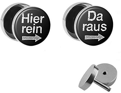 Treuheld® | Set - Hier REIN DA Raus - witzige Ohrstecker zum Schrauben mit Spruch (Fake Plugs) Ø 10mm - 2 farbig: Schwarz & Weiß + Silber - LUSTIGE Ohrringe Ohrring Chirurgenstahl für Herren + Damen