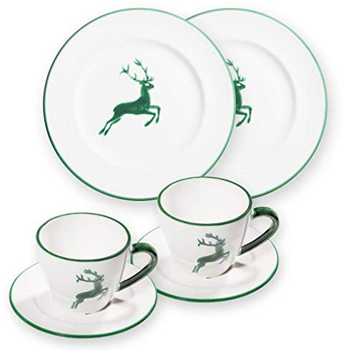 GMUNDNER KERAMIK Breakfast for two Gourmet Geschirrset grüner Hirsch Geschirr, handgemacht in Österreich