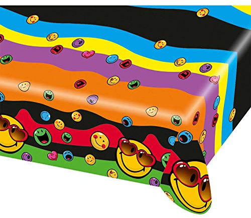 Amscan 552429 - Tischdecke Smileys, 1 Stück, Größe 120 x 180 cm, Kunststoff, wasserabweisend, mehrfarbige Motive, Express Yourself, lächelnde Gesichter, Geburtstag, Mottoparty, Karneval, Kinderparty