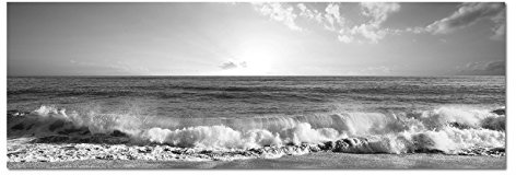 Photo panoramique sur toile - Noir/blanc - 150 x 50 cm - Mer, plage, vagues, coucher de soleil, nuages