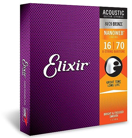 Elixir Cuerdas de guitarra acústica de 8 cuerdas Strings de bronce en proporción 80/20 con recubrimiento NANOWEB, barítono (.016-.070)