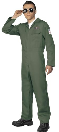Smiffys Aviator Costume, Green with Zip Up Jumpsuit, Land, Sea and Air Forces Fancy Dress, Troops Dress Up Costumes