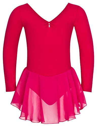 tanzmuster ® Ballettkleid Mädchen Langarm - Anna - aus weichem Baumwollstoff mit Glitzersteinen und Chiffon Röckchen fürs Kinder Ballett Ballettbodyin pink, Größe:92/98