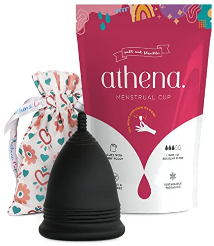 Coppetta Mestruale Athena Cup - Coppetta per Mestruazioni Ideale per Flusso Leggero e Regolare - Custodia Inclusa - Taglia 1, Nero Tinta Unita - Alternativa Naturale ad Assorbenti e Tamponi