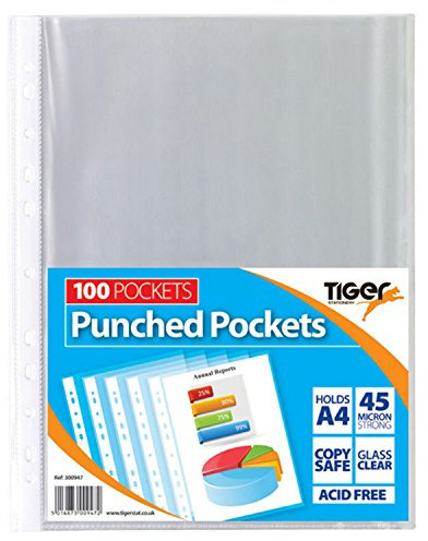 Tiger 300947 A4 Punched Pocket Sleeve Wallets - Transparent (100 Pieces)