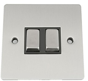 Light Switch Double 2 Gang - Satin Matt Chrome Flat - Black Insert - Metal Rocker Switch - 10 Amp 2 Gang 2 Way