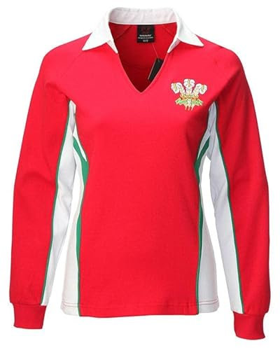 [14-16] Ladies Womens Welsh Cymru Long Sleeve Classic Rugby V Collar Cotton T-Shirt TOP Red