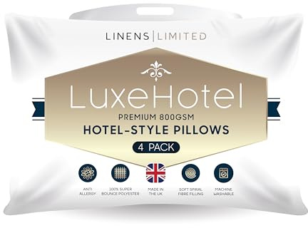 Linens Limited - Soft Pillows 4 Pack, Made in the UK, Hotel Quality, LuxeHotel Bounce Back Pillows, Soft and Firm with Orthopedic Support, Non-Allergenic, Machine Washable (White)
