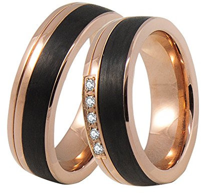 DOOSTI Freundschaftsringe/Partnerringe Chirurgischer Edelstahl 316L Rose vergoldet mit schwarzer Carbon Einlage - inkl. Gratis Gravur