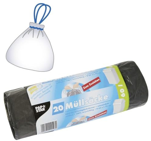Papstar Müllsäcke / Müllbeutel (20 Stück), 60 l, Grau, aus LDPE-Folie (Stärke 22 my) mit Zugband, 75 x 65 x 75 cm, für Schwingdeckeleimer, Mülleimer, Treteimer und ähnliche Behältnisse #14196