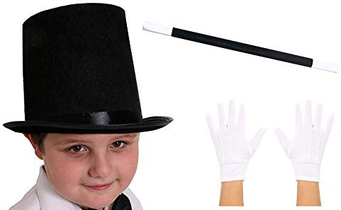 0207VP83N5Y ILOVEFANCYDRESS Kit d'accessoires de déguisement de Magicien pour Enfant avec Chapeau Haut-de-Forme Noir 55 cm Baguette de Magicien Gants Blancs