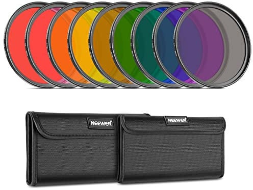 NEEWER 9 teiliges Vollfarb Objektivfilter Set,58mm Harz Objektivfilter mit roter, oranger, blauer, gelber, grüner, brauner, lila, pinker, grauer Farbe, erhältlich mit 2 Beuteln,Kameraobjektiv Zubehör