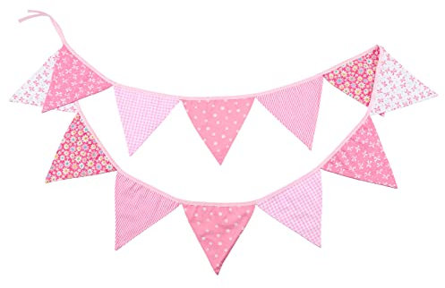 G2PLUS Rosa Stoff Wimpelkette, Doppelseitig Stoff Wimpel Girlande, 3.3M Wimpelkette Stoffgirlande mit 12stk Girlande Wimpeln für Kinderzimmer Drinnen & Draußen Party