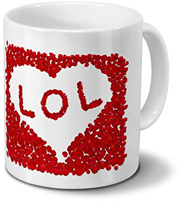 Tasse mit Namen Lol - Motiv Rosenherz - Namenstasse, Kaffeebecher, Mug, Becher, Kaffeetasse - Farbe Weiß