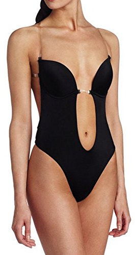 Alove - body donna, perizoma con spalline e fasce posteriori in silicone trasparente, reggiseno modellato Black M