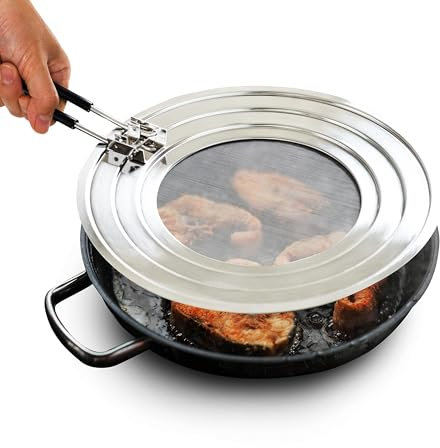 FOXEL Spritzschutz für Pfannen bis 30 cm mit Klappbarem Hitzebeständigem Weichen Silikon Griff, Spülmaschinengeeignet, leicht zu reinigen, Edelstahl Universal Küchen Deckel für Töpfe