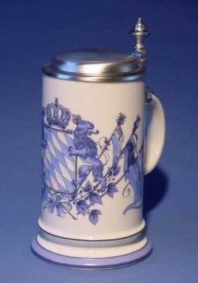 RZB Zimmermann Bierseidel Bier-Krug Galeriekrug mit Zinndeckel 0,5l Wappen mit Fahnen blau