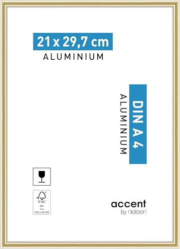 accent by nielsen Bilderrahmen, 21 x 29,7 cm (A4), Aluminium, Gold glanz, Dokumentenrahmen zum Aufhängen im Hoch- & Querformat, Echtglas, Accent