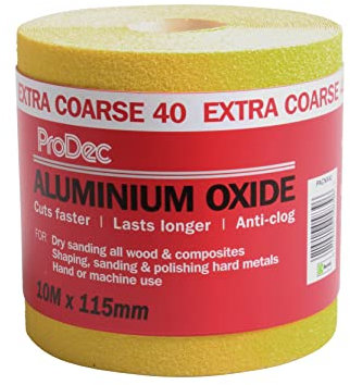ProDec 10m Roll 40 Grit Extra Coarse Grade Yellow Aluminium Oxide Abrasive Sanding Paper for Sanding Wood, Paint, Plaster, Filler, Metal and More, 115mm Wide Sandpaper Compatible with Machine Sanders