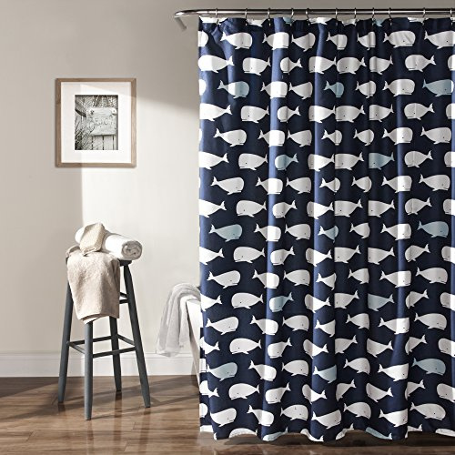 Lush Decor Whale Shower Curtain - Fabric Ocean Fish Animal Print Design for Kids, 72 x 72, Navy