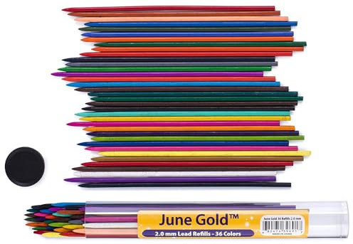 June Gold 36 Coloured Lead Refills, 2.0 mm Extra Bold, 90 mm Tall, Pre-Sharpened, Break & Smudge Resistant