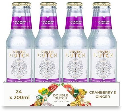 Double Dutch Cranberry and Ginger Tonic Water | Low Calorie Tonic Water | 100% Natural Ingredients | Gluten Free, Vegan Friendly Premium Mixer Perfect For Gin, Vodka & Cocktails | 24 x 200ml Bottles