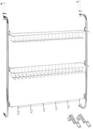 WENKO Tür-Regal, Hänge-Regal mit 2 Ablagen und 6 Haken für Haushalts-Utensilien, zum Einhängen an die Tür, 49,5 x 109 x 14 cm, verchromtes Metall