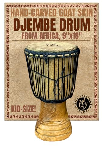 Africa Heartwood Project Hand-Carved Djembe Drum from Africa - 9x18 Classical Heartwood Djembe Musical Instrument (Random Carving) Solid Wood & Natural Goat Skin - Ready to Play Out of the Box