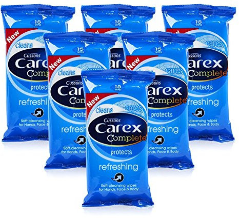 6x Cussons CAREX Refreshing Cleansing WIPES Hand Face & Body 15's Pocket Travel