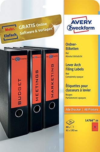 AVERY Zweckform L4766-20 Ordnerrücken Etiketten (80 Rückenschilder mit ultragrip, 61x192mm auf A4, breit/kurz, selbstklebend, absolut blickdicht, bedruckbare Ordneretiketten) 20 Blatt, rot