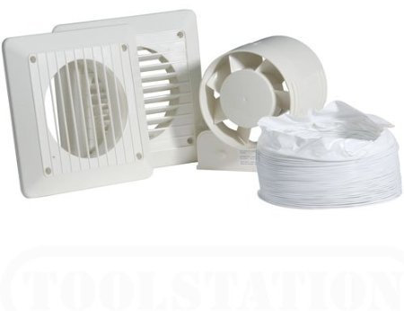Airvent 434445A Inline Loft Extractor Fan 4/100mm for Bathroom/Shower Room - Full Kit including Grilles & Ducting
