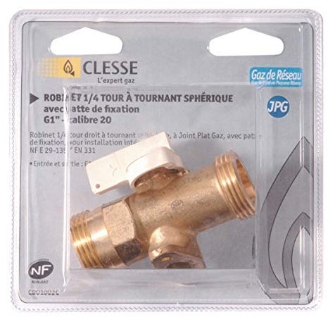 robinet gaz - 1/4 de tour - droit - mâle / mâle - 15 x 21 - laiton - avec pattes - blister - clesse cd01028c