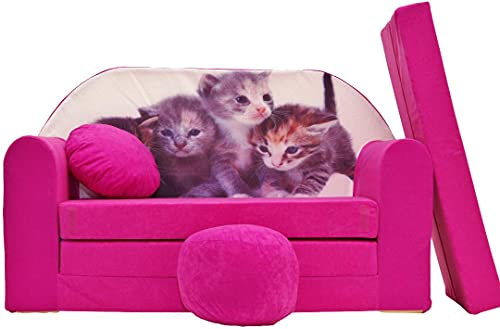 Pro Cosmo umwandelbares Kindersofa – perfekt zum Spielen und Schlafen – mit Abnehmbarer Matratze, Kissen und Pouf – 98 x 168 x 59 cm – leicht und einfach zusammenklappbar – Farbe H6 Rosa - Kätzchen