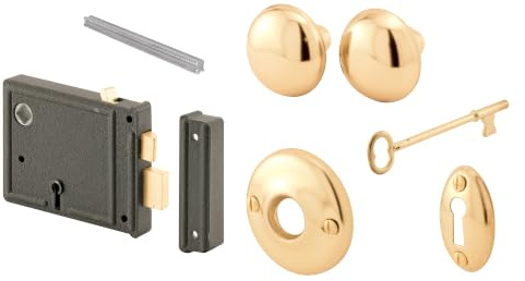 Prime-Line E 2478 Horizontal Trim Lock Set, 3-3/8 In. Backset, Black Housing w/Brass Plated Knobs (1 Set)
