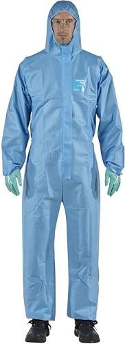 Ansell AlphaTec 1500 Model 111, Disposable Work Overall with Hood, Chemical Protection Type 5/6, Water Repellent Coverall Suit, Industrial Safety Workwear, Men Women, Blue, Size L (1 Unit)