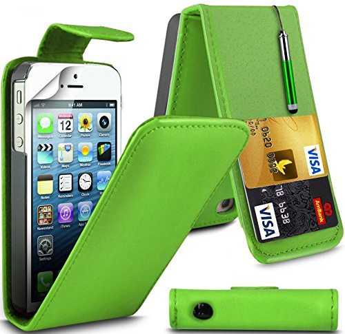 Nokia Lumia 520 Premium PU Leather Top Flip Skin Case Cover with Retractable Capacitive Stylus Touch Screen Pen, Screen Protector and Polishing Cloth - Green