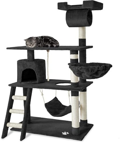 TecTake Arbre à Chat Griffoir Maison Intérieur - Jeux pour Appartement avec Grattoir, Rampe, Tunnel, Panier, Échelle et Lit - Noir