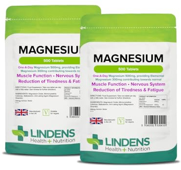 Lindens Magnesium Tablets 500mg, 1000 Tablets - Reduces Tiredness & Fatigue, Supports Metabolism, Muscle Function, Nervous System, Bones & Teeth - UK Made