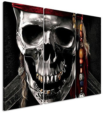 Leinwandbild 3 teilig Pirates_Of_The_Caribbean_Skull_3x90x40cm (Gesamt 120x90cm) _Ausführung schöner Kunstdruck auf echter Leinwand als Wandbild auf Keilrahmen