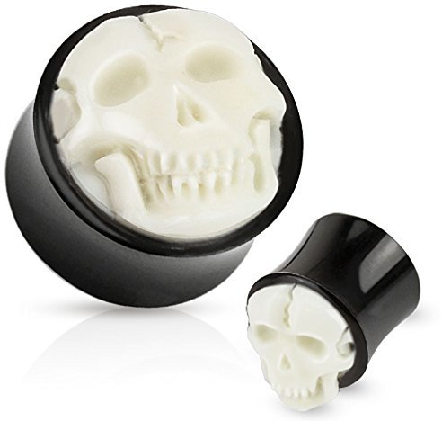 BlackAmazement Unisex 3D Flesh Tunnel Plug Inlay Piercing Organisch Büffel Horn Knochen Kunststoff Skull Totenkopf Weiss Gothic (Größe: 12 mm)