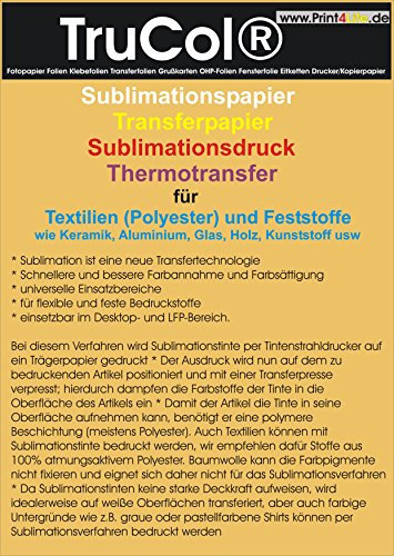 100 Blatt DIN A4 (210mm x 297mm) 95g /m² Sublimationspapier Sublimation Transferpapier für Textilien (Polyester) T-Shirt Transfer und Feststoffe wie Keramik, Aluminium, Glas, Holz, Kunststoff usw