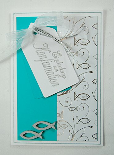 Kartenkunst 8 x Hochwertige Einladungskarten zur Konfirmation Fische - türkis *Handmade*