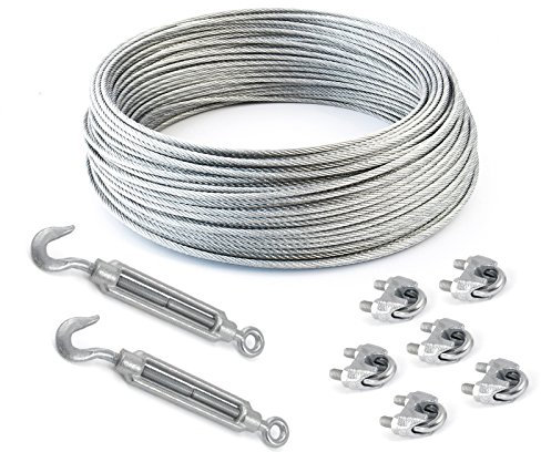 DQ-PP 25m Drahtseil Set 3mm mit 6x7+FC, 6x SEILKLEMMEN 3mm DIN 741, 2x SPANNSCHLOSS M5 HAKEN - ÖSE verzinkt, Legierter Stahl, Silber