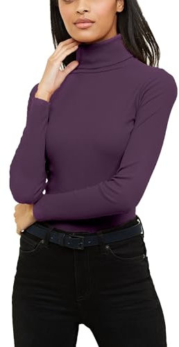 Re Tech UK Ladies Plain Ribbed Cotton Polo Turtle Roll Neck Tunic Top Jumper Full Sleeve, Purple, M/L 12-14