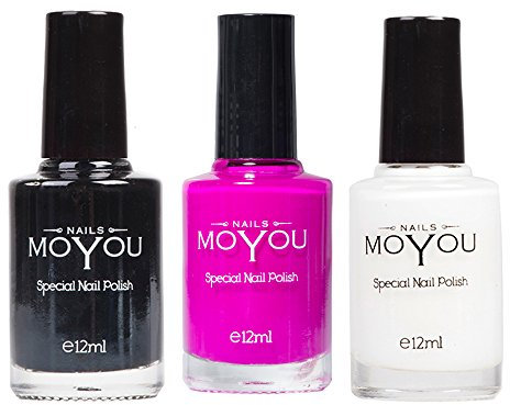 MoYou Nails Bundle of 3 Stamping Nail Polish: Black, White and Razzle Dazzle Rose Colours Used to Create Beautiful Nail Art Designs